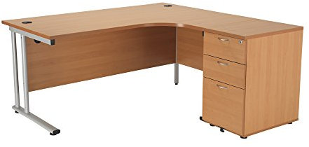 Office Hippo Heavy Duty Right Corner Radial Office Desk With 3 Drawer High Storage, Home or PC Desk, 5 Yr Wty, MFC -Beech Silver Frame, 160cm x 160.4cm