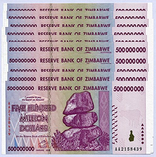 Zimbabwe 500 Million Dollars x 10 Notes 2008 UNC, World Inflation Record, Currency banknotes