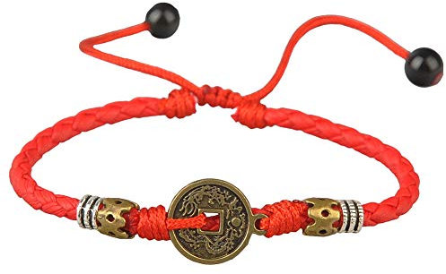 Ancient Tribe Bracelet Chinois avec Pièce Porte-Bonheur, Cordon Tressé Similicuir, Tour de Poignet Réglé à 24 cm – Noir ou Rouge – Bracelet de Cheville ou de Poignet Artisanal Unisexe Style Bohème