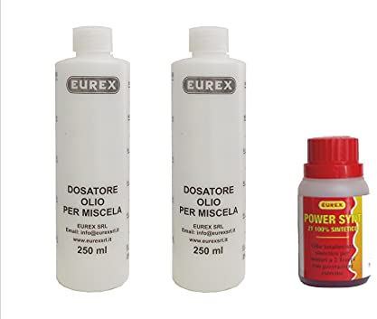 N. 2 MISURINI PER OLIO CON TAPPO - DOSATORE PER MISCELA DA 2% A 6% + in omaggio N. 1 EUREX POWER SINT 100% SINTETICO ML100