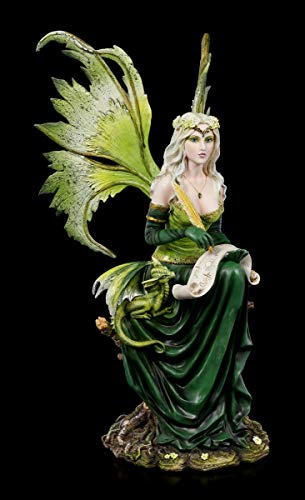 Figuren Shop GmbH Elfen Fantasy-Figur - Prinzessin Gaia mit Drache | Fee, Engel, Flügel zum Stecken, mit Schmucksteinen verziert, H 51 cm