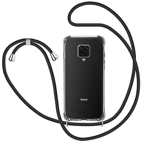 SAMCASE Funda con Cuerda para Xiaomi Redmi Note 9 Pro/Note 9S/Note 9 Pro MAX, Carcasa Transparente TPU Suave Silicona Case con Correa Colgante Ajustable Collar Correa de Cuello Cadena Cordón - Negro