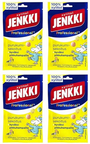 Cloetta Jenkki Xylitol Strawberry Tutti frutti Banana Chicle 4 Packs of 75g