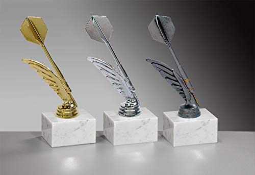 Henecka 🎯 Dart-Pokal, Dart-Trophäe, Dartpfeil-Figur auf Marmorsockel, mit Wunschgravur, wählbar in 3 Farben (Resin)
