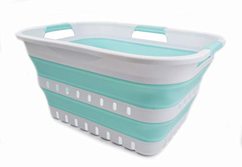 SAMMART 30L Collapsible 3 Handled Plastic Wäschekorb - Faltbarer Pop-Up-Vorratsbehälter/Organizer - Tragbare Waschwanne - Platzsparender Korb/Korb (Weiß/Seegrün)