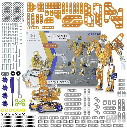 MALUVRIAN Erector Set for Boys & Girls - Metal Model Kits for Adults, Teens & Advanced Kids - Stem Toys - Build A Robot or Excavator - Educational & Engineering Toys - Building Kit | 389 pcs
