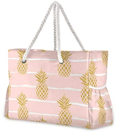 Mnsruu Reise-Strandtasche, goldene Ananas, große Schultertasche, Strandtasche, Baumwollseilgriffe, Reise-Tragetasche für Frauen