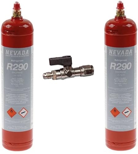 2 Bombonas R290 370 gr. para recarga Frigorífico + grifo salida 1/4 M