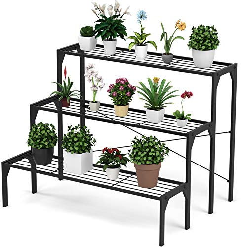 COSTWAY Soporte de Metal para Plantas de 3 Niveles en Forma Escalera, Estante Multifuncional Expositivo para Flores Decoración Interiores y Exteriores 66 x 65 x 85 cm