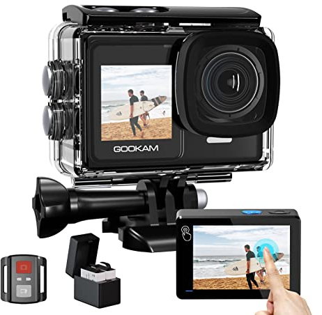 GOOKAM 4K 60fps 24MP Action Cam WiFi Actionkamera Dualscreen Touchscreen 40M Unterwasserkamera EIS Sportkamera 2.4G Fernbedienung Helmkamera 170°Weitwinkel mit 2x1350mAh Akkus