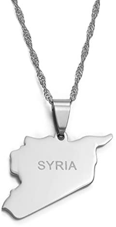 MTCDBD Syrien-Karten-Halskette, Ethnische Dekoration, Syrer-Karte, Anhänger, Ethnische Kleidung, Accessoires, Elegante Schlüsselbeinkette, Patriotisches Anhänger-Geschenk, Silber, 45 cm Kette