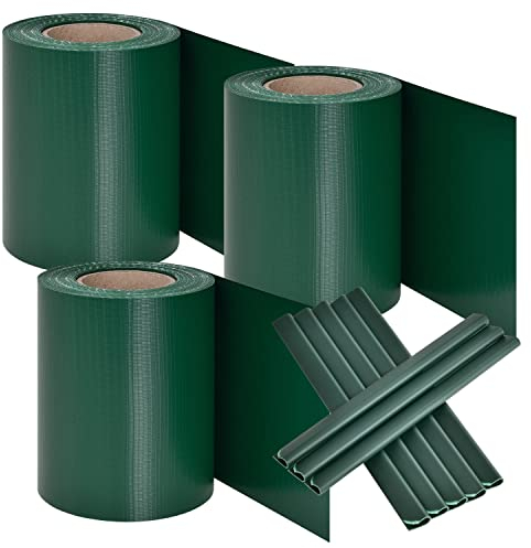 Juskys PVC Sichtschutzstreifen Doppelstabmatten Zaun 3er Set - 3 Rollen á 35m x 19cm - 90 Befestigungsclips - Zaunfolie Sichtschutz Windschutz - grün