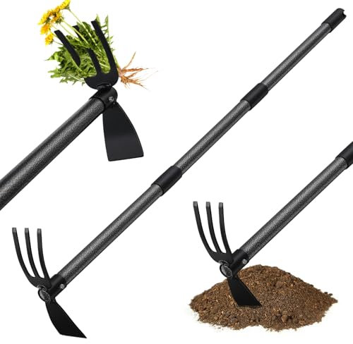 Garden Hoe and Cultivator, 31” Long Heavy Duty Hand Hoe with Tiller and Adjustable Handle, Carbon Steel Blade, Cultivator Hoe Garden Tool for Loosening Soil, Digging