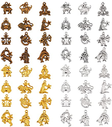 COGCHARGER Sternbild-Charm-Anhänger, 12 Sternzeichen-Anhänger, Legierung, Anhänger für Schmuck, Halsketten, Armbänder, Ohrringe, Basteln, 48 Stück