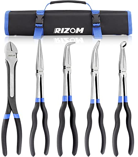 RIZOM 5-Piece 11 Inch Long Needle Nose Pliers Set, Extra Long Reach Pliers Set, 90° Bent Nose Pliers, 45° Bent Nose Pliers, Circle Nose Pliers, Diagonal Pliers for Narrow Spaces and Limited Areas