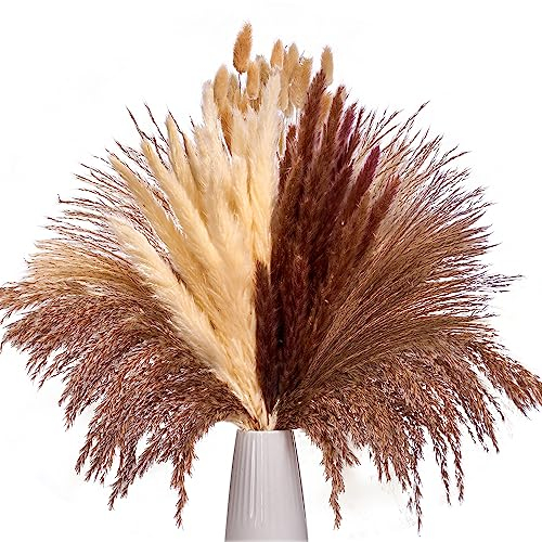 Pampasgras Getrocknet Natürliche Trockenblumen, Getrocknete Pflanzen Pampas Grass Deko für Wohnzimmer Schlafzimmer, Boho Getrocknete Schilfgras und Kaninchenschwanzgras für Heim Decor