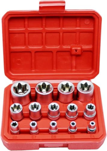 14PCS Female E-Torx Star Socket Set with Case, 1/4”, 3/8”, 1/2” Drive External Star Socket Set, E4-E24 Torque Socket Set