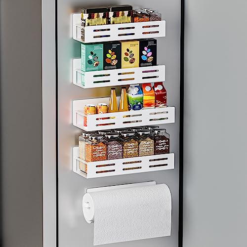 Carwiner 5 Pack Magnetic Spice Rack for Refrigerator with Paper Towel Holder, Magnetic Refrigerator Organizer, Strong Magnetic Fridge Shelf, Rustproof Side Fridge Storage Rack for Kitchen