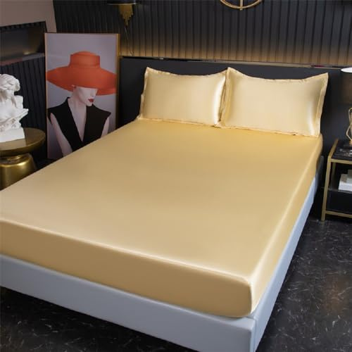 SASIGAYA Satin Spannbettlaken 90x200cm Gelb Hellgelb Seide Glänzend Einfarbig Microfaser Spannbetttuch Hochwertiges Deluxe Unifarben Satin Bettlaken für Boxspringbett Topper Matratzen bis 25cm