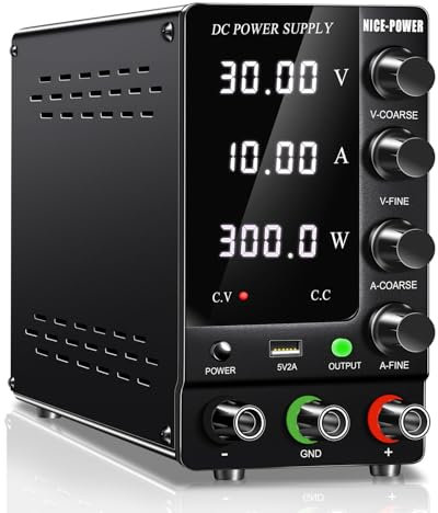 NICE-POWER Fuente de alimentación de CC variable de 30 V 10 A, fuente de alimentación de banco de CC regulada con interruptor de salida visualización LED de 4 dígitos de alta precisión, fuentes de