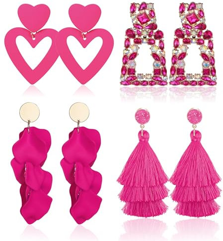 JeryWe 4 Paare Clip-On Ohrringe für Frauen - Hot Pink Herz Dangle Drop, Strass Geometrische Aussage, Lange Rose Petal Quaste, Non Piercing Set Rosa B