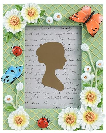 WAIT FLY 10,2 x 15,2 cm schöner Bilderrahmen mit Gänseblümchen und Schmetterlingen, Marienkäfer-Muster, Kunstharz, Bilderrahmen für Schreibtisch, Tischplatte, Wanddisplay