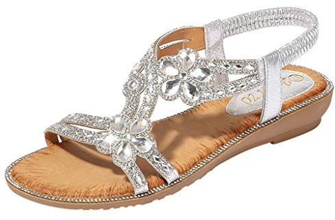 ACemt Sommerkind Schuhe Damen Flat Beach kristallklare Sommer Frauen Frauen Bling beiläufige Blumensandalen Boheme Schuhe Frauen Sandalen Lammfell Schuhe Damen (Silver, 40)