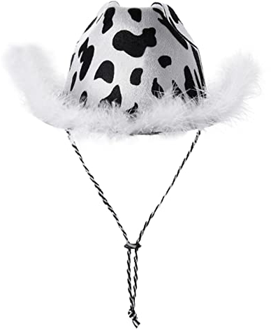 Wilgure Cowboyhut mit Kuhdruck und Feder - Cowgirlhut für Erwachsene, Kinder und Partygänger - Weiß - 56–58 cm - Wolle - Unisex - Cowboy - Halloween, Party, Raves, Geburtstag