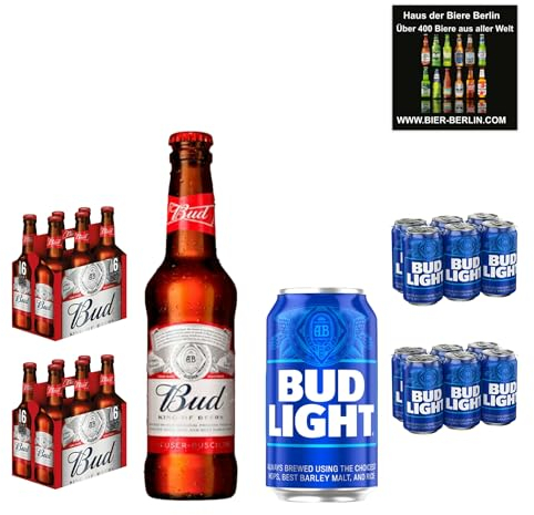 Bud Bier & Bud Light - King of Beer USA Mix - 24 x 330ml/ 355ml - Inkl. Haus der Biere Berlin Bierdeckel