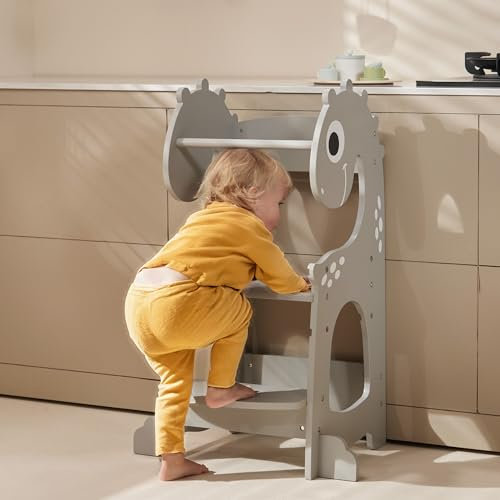 Kidoz Learning Tower, Nursery Step Stool Kitchen Helper, Adjustable Steps for Kids from 18 months to 5 Years (Dino (Grey))