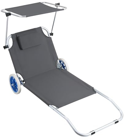 Tubiaz Sonnenliege Klappbar mit Dach Liegestuhl mit Rollen, Strandliege 5-Fach Verstellbarer Rückenlehne,100kg belastbar Gartenliege,Campingliege für Strand oder Pool Garten,Alu,Grau