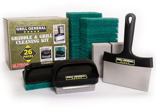Grill General 26 Piece Griddle & Grill Cleaning Kit for Blackstone, Weber, Traeger Griddles, Grills, BBQ - Stainless Steel Scraper, 20 Scour Pads, 3 Cleaning Blocks, Pad and Block Handles by SLOTDOG