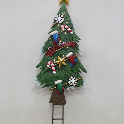 TERESA'S COLLECTIONS Garden Ornaments Outdoor for Christmas Decorations, 80cm Metal Christmas Tree Solar Garden Ornaments, Lovely Garden Yard Stake for Pathway & Flower Pot, Green