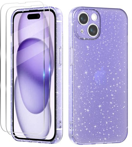 Tikgue Coque Compatible avec iPhone 15, 2 Pièces Verre Trempé Protection Écran, Clair Housse à Glitter en Mince Silicone Souple Étui Antichoc Case Transparente Cover - Violet