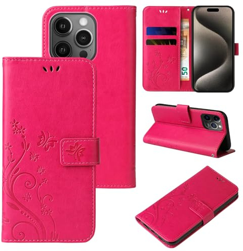 LBH Handy Hülle für Apple iPhone 15 Pro Case Handytasche Schmetterling Blumen Flower Standfunktion Schutzhülle Magnet Rundum Schutz 360 Grad Flipcase Cover Pink