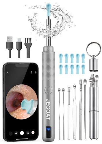 JEGOAT Ohrenschmalz Entfernung Werkzeug Kamera, Ohrreiniger mit Kamera, Ohrreinigungsset 1296P HD Ohrenfernrohr, 6 LED-Leuchten und 12 Ohrlöffel, Ohrenschmalz Entfernung mit Otoskop zum Earify