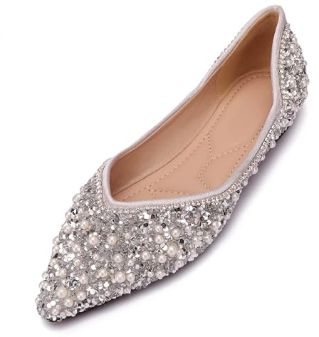 Women's Rhinestone Flats Fashion Pointed Toe Pearl Diamond Low Heel Dress Wedding Flats Work Business Dance Ballet Flats Silver Size - 10