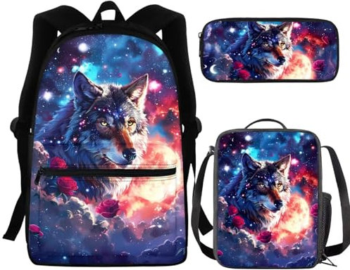 NETILGEN Cartable + trousse + pochette à déjeuner 3 ensembles grands cool pour enfants, garçons, adolescents, voyage personnalisé, Loup Rose Galaxie, Taille unique