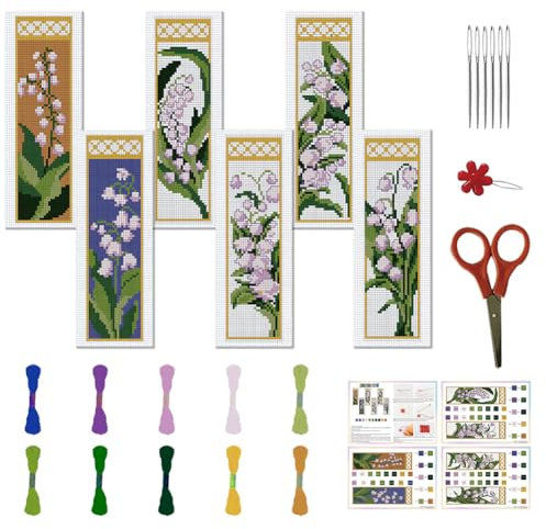 FREEBLOSS 6 Set Maiglöckchen Kreuzstich Lesezeichen Sets, Blumen, DIY Lesezeichen, Kreuzstich Sets, Gestempelte Stick Lesezeichen, Kreuzstich Set Für Anfänger Und Erwachsene, 22 x 8 cm