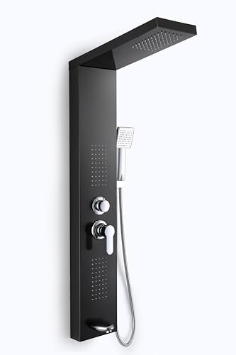 ROVOGO Noir Colonne Panneau de Douche Hydromassante avec Robinetterie Mitigeur pour Baignoire, 4 Modes - Douche de Pluie, Jets de Massage, Douchette et Bec de Baignoire, Acier Inoxydable Montage Mural
