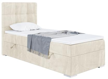 MEBLINI Boxspringbett mit Bettkasten - Gepolstert Einzelbett mit Matratze und Topper - Polsterbett mit Stauraum - Bett mit Kopfteil - Stauraumbett - Kai - 100x200 Links - H3/Creme Samt