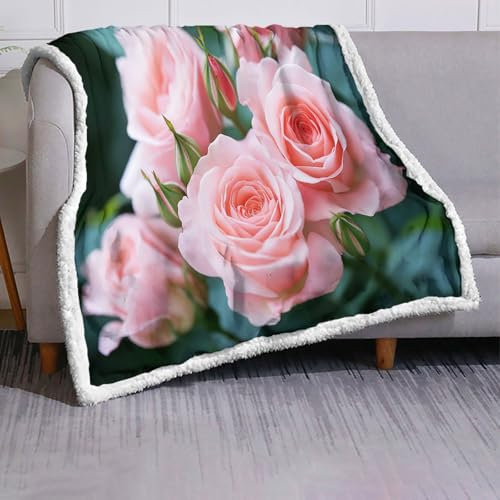 Kuscheldecke Weiche Und Warme Faux Lambswool Decke Für Sofa, Mit Elegant Rose Knospe Muster, Microfaser Fleecedecke Als Tagesdecke Oder Sofa Überwurf (75x100Cm, Rosa)