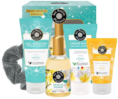 Les Petits Plaisirs - Coffret parfum Vanille Monoï, Eau de toilette femme, Gel Douche, Crème Mains, Lait corps, Coffret cadeau femme, Made in France, 5 produits