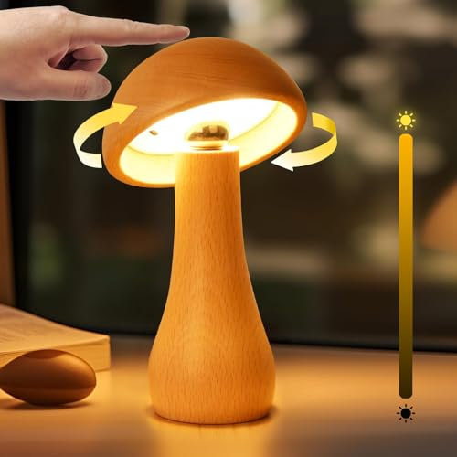 Petite lampe champignon en bois, lampe de table sans fil avec interrupteur tactile pour table de chevet, veilleuse à piles rechargeables, rotation à 360 degrés réglable, lampes de bureau à intensité