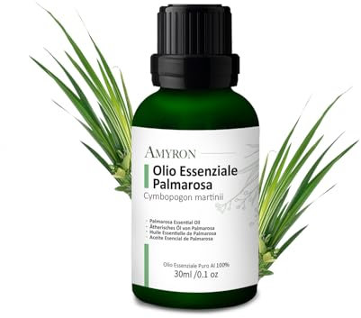 Palmarosa ätherisches Öl 30 ml AMYRON | Cymbopogon Martini | 100% Rein & Natürlich | Ideal für Aromatherapie & Therapeutische Nutzung | Für Diffusor | Lebensmittelqualität | Massagen | GMO-frei