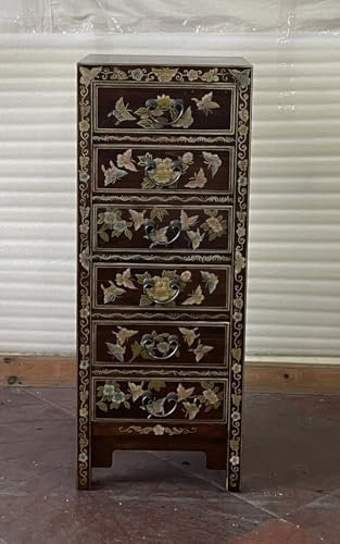 Kunibert Antike chinesische Kommode Tibet Anrichte Asia Sideboard Chinakommode mit 6 Schubladen Breite45xHöhe115cm Farbe: braun mit Gold