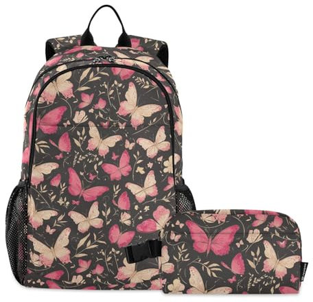 miaozhen Mariposas - Mochila para la escuela con bolsa de almuerzo, bolsa de libros con lonchera para niñas, bolsa escolar y lonchera para niños de 9 a 10 años, Mariposas, rosa intenso, 1 size,