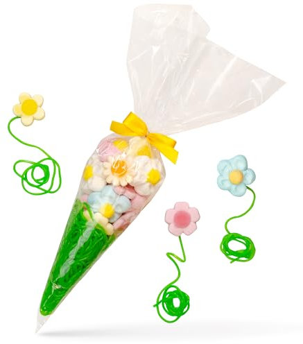 Blumenstrauß in der Tüte – leckere Fruchtgummi-Schnüre, Marshmallow-Blumen und Fruchtgummi-Blumen in der Süßigkeiten-Tüte, schönes Geschenk
