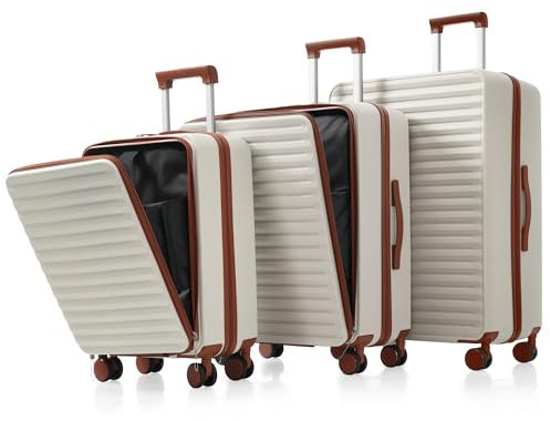 Merax Kofferset 3tlg, Hartschalenkofferset Reisekofferset, Erweiterbar Trolley Koffer mit Frontöffnung, TSA Schloss, 4 360°-Rollen, Teleskopgriff, klappbarer Becherhalter, ABS-Hartschale, Weiß
