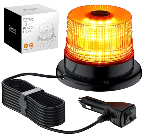 COLORLAM 12/24V 40 LEDs Warnleuchte Magnet-Blinkleuchte Magnetische Notfallblinklampe IP65 Wasserdicht Rundumleuchte 10 Blinkmodi Amber Blitzleuchte mit E57 und 5m Netzkabel für Auto LKW Traktor SUV